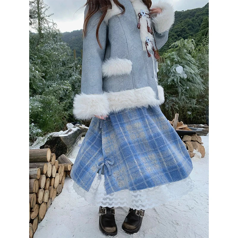 MEXZT Vintage Plaid Woolen Midi Skirt Women Japanese Kawaii Bow Lace Patchwork Skirts Winter Harajuku Cute Casual A Line Faldas