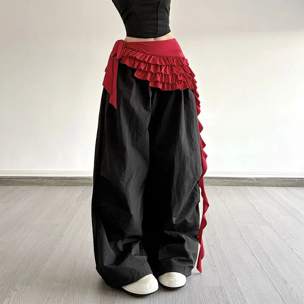 Embroidered Flower Lace Mini Skirt See Through Irregular Ruched Skirts Harajuku Lace-up Design Lace Up Ruffles Skirt