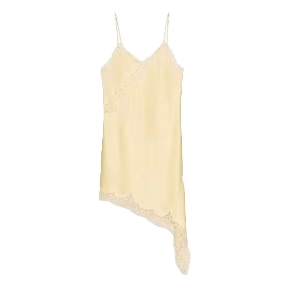 Satin Sexy Lace Spliced Short Sling Dress Women Sleeveless Backless Asymmetric Sexy Party Dresses 2025 Summer Lady Dress ﻿