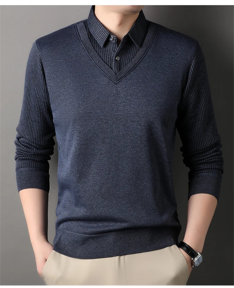 Men's Long Sve Fce Lined Knitted irt Busin Casual Sle Winter Warm Top Fake Two-Piece Design Comfortable Fit