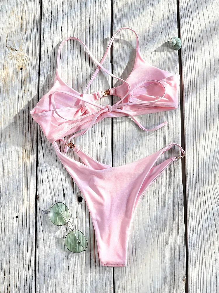 Miyouj Bandage Swimwear Summer Swimsuit High Cut Bikini Set Solid Sexy 2-Piece Suit New Bathsuit Hollow Out Thongs Beachwear