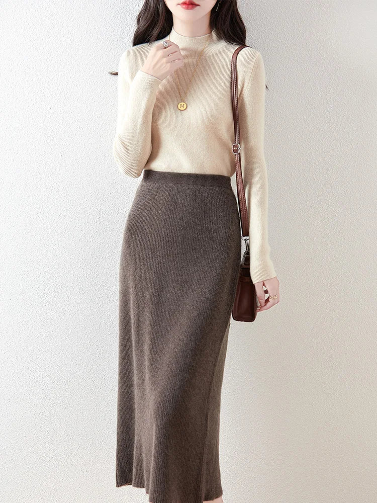 100% Merino Wool Skirt Women's Elastic Waist Cashmere Striped Skirts Office Lady Knitted Simple Dress Thickening Autumn Winter