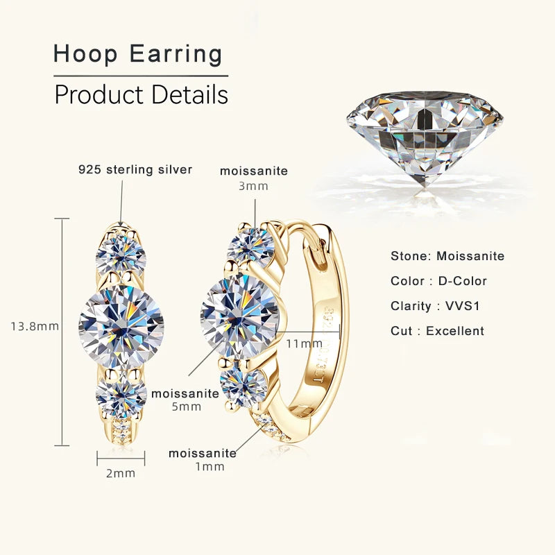 Lnngy Three Stone Moissanite Earring Original 925 Sterling Silver Hoops Earring For Women Girls Lab Created Diamond Jewelry Gift