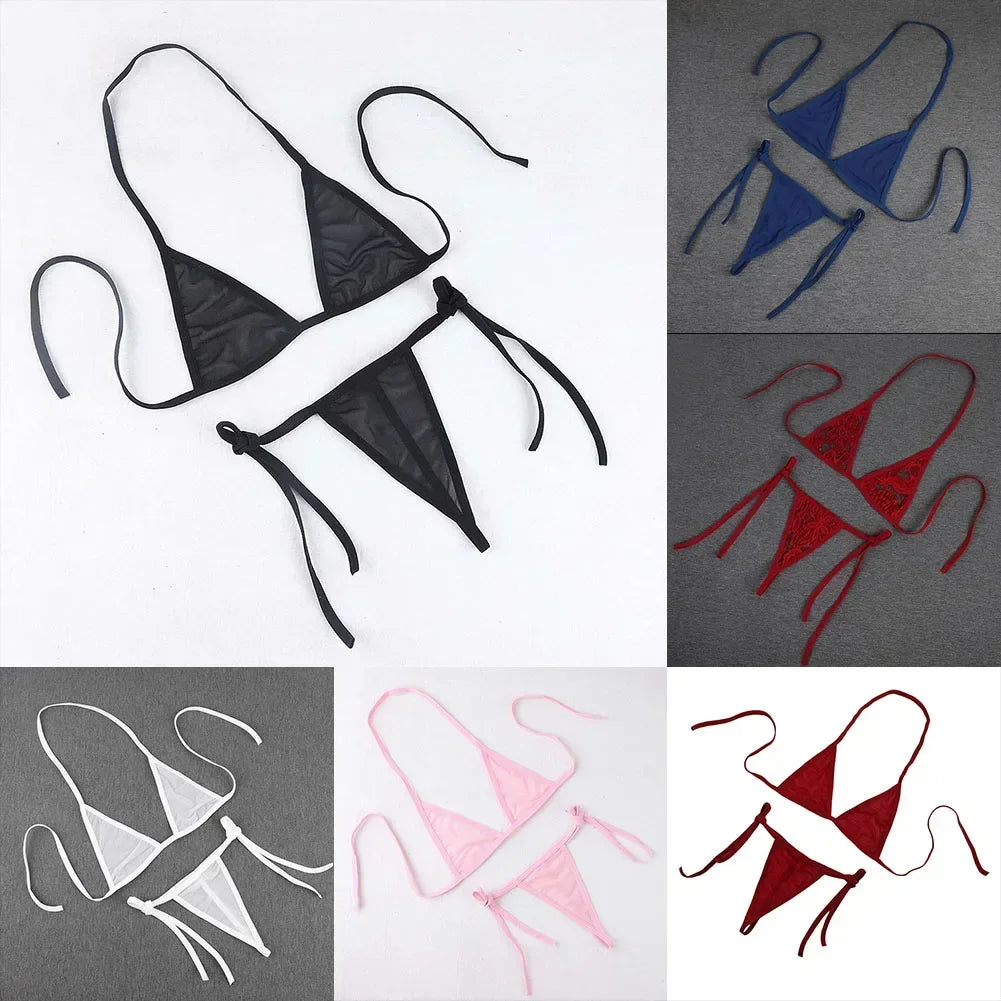 Womens Sexy Lingerie Bikini See ThrougSwimwear 2 Piece Bra With Tie Side Comfortable Thong Solid Color Beachwear Fashion Bustier