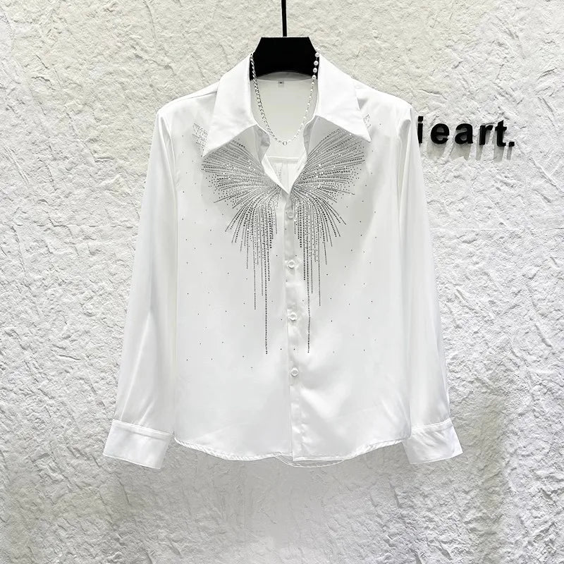 Heavy Industry Butterfly Rhinestone Shirt Men's Korean Version Shoulder Pad Versatile Casual Shirt Stage Performance Streetwear