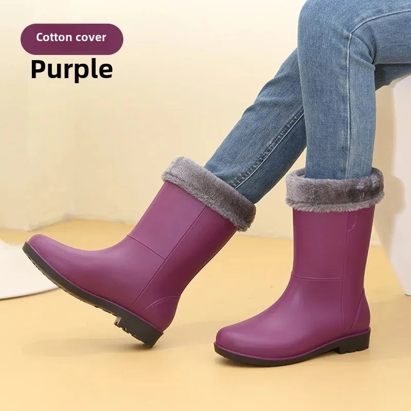 Fashionable Women's Mid-Calf Rain Boots Fleece Lined Anti-Slip Half Boots Adult Rain Shoes Wholesale From China Land