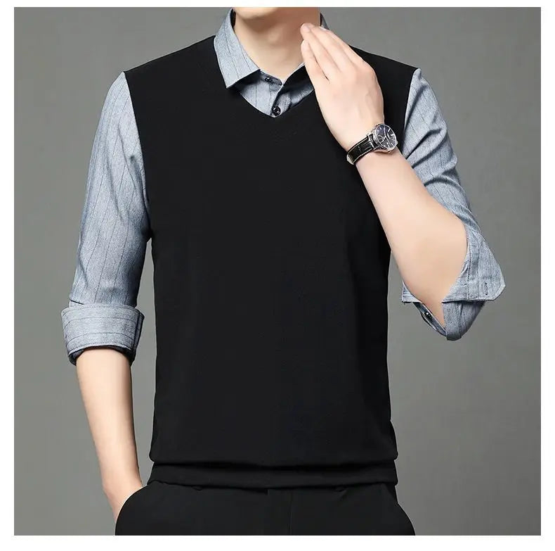 Fake Two Pieces Men Polo Shirts Turn-down Collar Striped Patchwork Business Casual Thermal Long Sleeve Comfortable Knitted Tops