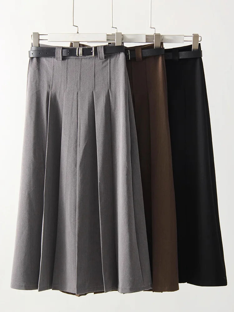 Gray Midi Pleated Skirts For Women Autumn 2024 High Waist A Line Maxi Zipper Skirts For Office Lady Long Skirt Woman Black