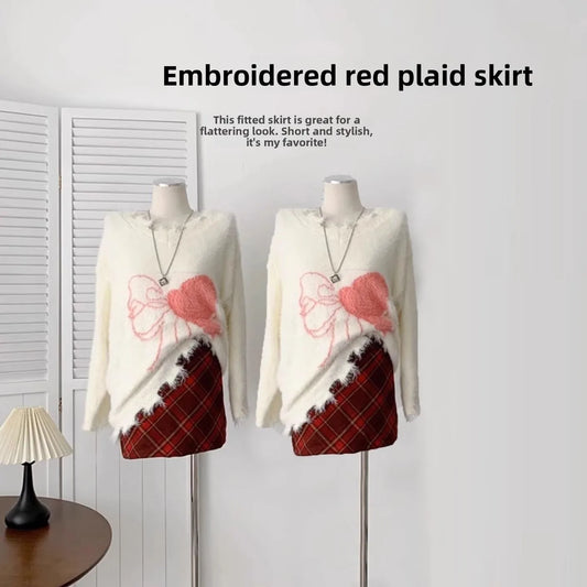 High Waist Plaid Mini Skirt Autumn Winter Woolen A- Line Skirt Short Skirt Retro Red Grids Half Body Skirt Small Size