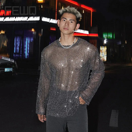 FEWQ Sequins Decoration Men's T-shirts Mesh Design Round Collar Tops Long Sleeved See-through Pullover Male Tees Niche 24K4819