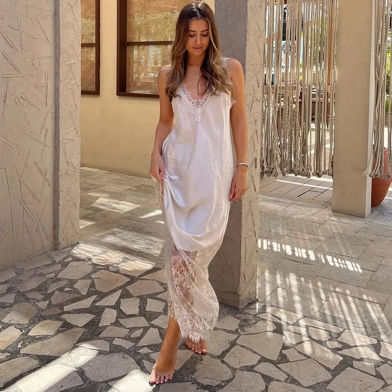 Tornova Sexy Spaghetti Strap Lace Dress For Women Fashion Splice Elegant Backless Long Dress Slim Vacation Party Female Clothes