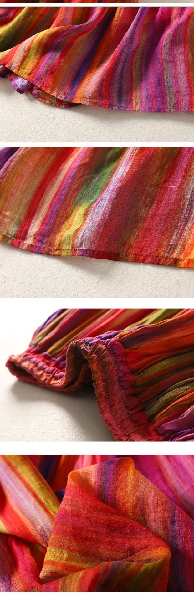 Summer Vintage Versatile Double Layered Flax A-Line Midi Skirt Slimming Elastic Waist Rainbow Stripes Long Skirt