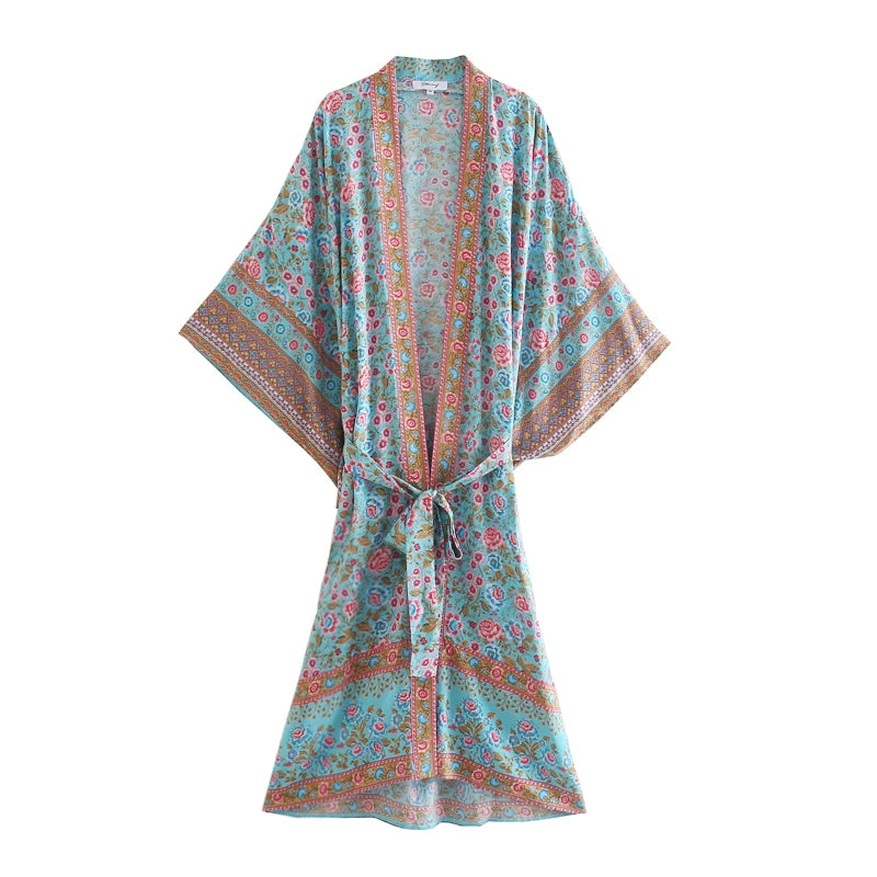 Happie Queens Vintage Floral Print Sashes Women Bohemian V Neck Batwing Sleeves  Happie Blouses  Robe Kimono Cover-ups