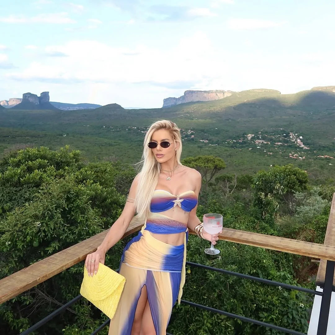 Bandage Swimwear with Skirt Slit Skirt Gradient Swimsuit Long Skirt Suit Swimsuits Women Bathing Suits Summer Beachwear Biquini