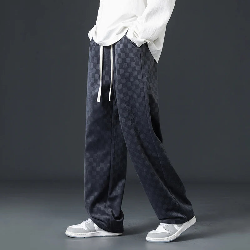 Men's Checkered Velvet Sweatpants, Loose Drawstring Trousers, Trendy Checkered Pattern, Fall and Winter Casual Streetwear