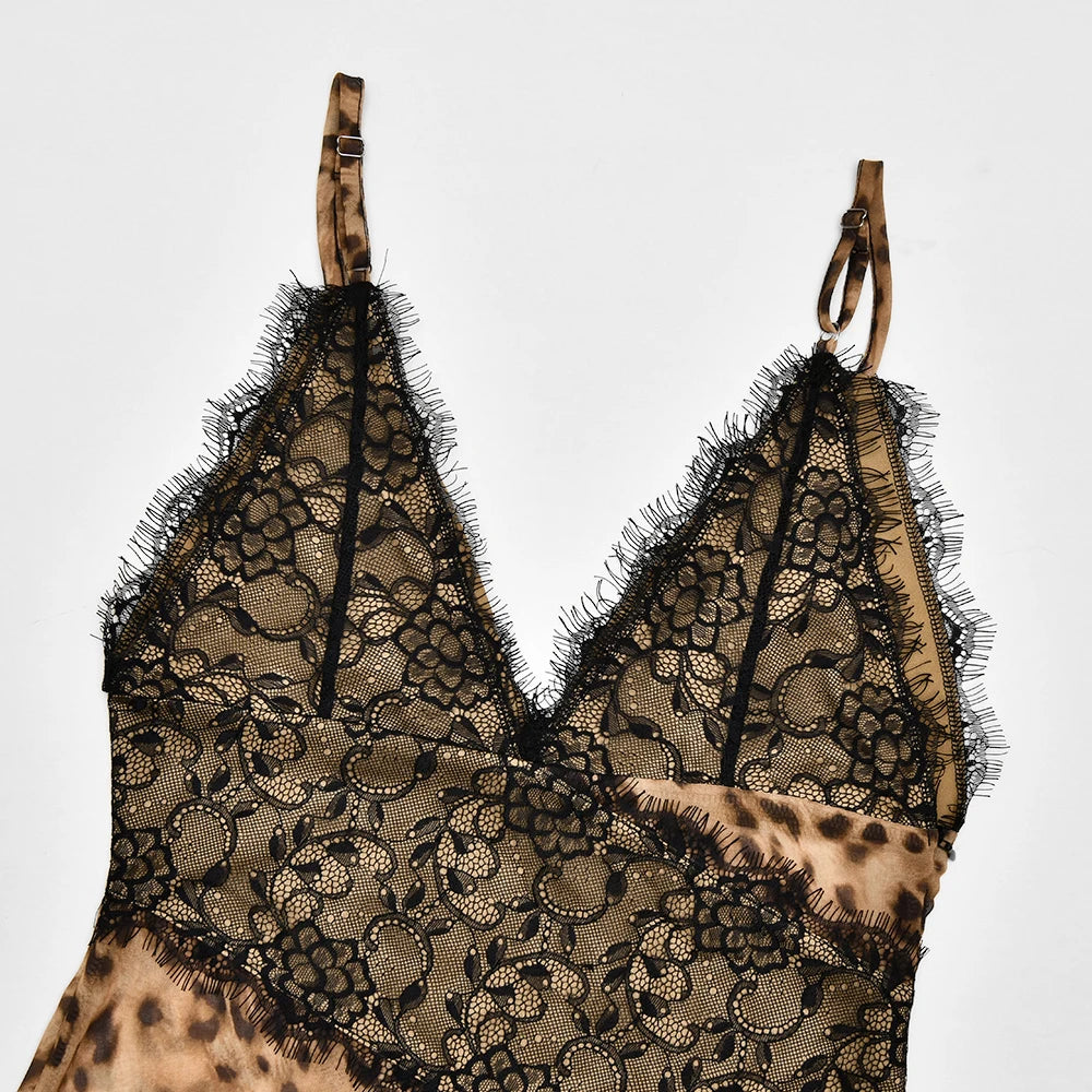 JULISSA MO Patchwork Sexy See Through Lace Print Leopard Maxi Dress For Women Spaghetti Strap V-neck Elegant Party Evening Dress