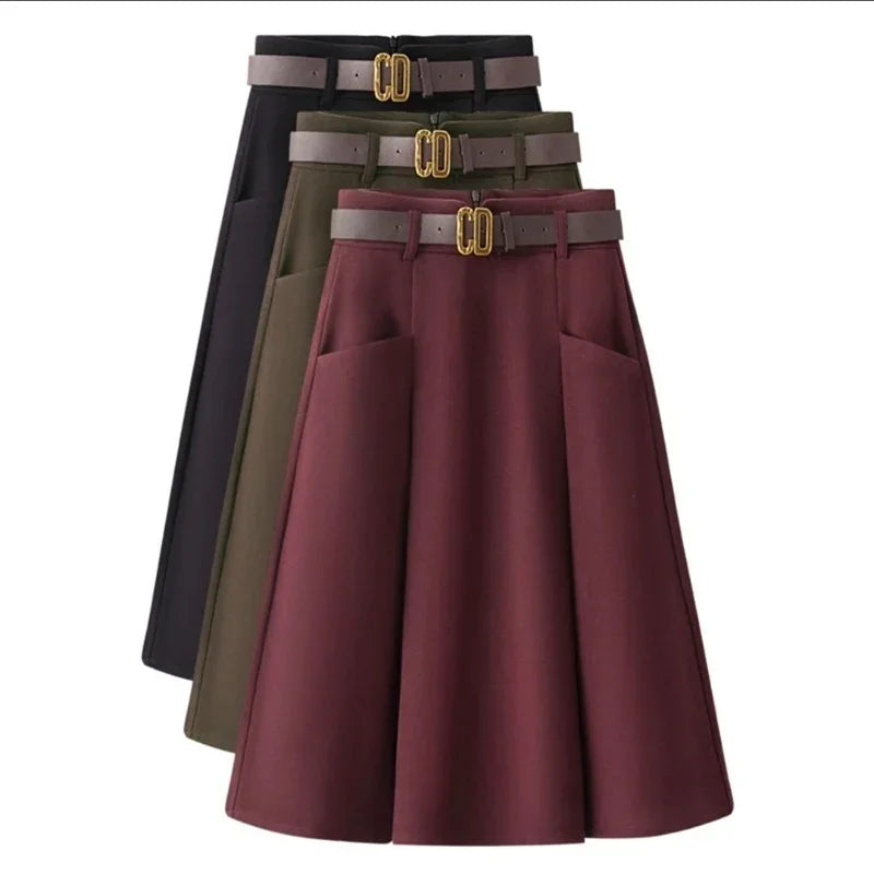 New Spring Autumn Fashion Skirt Women Elegant High Waist Solid Color A-line Casual Midi Skirts Office Lady Women's Clothing