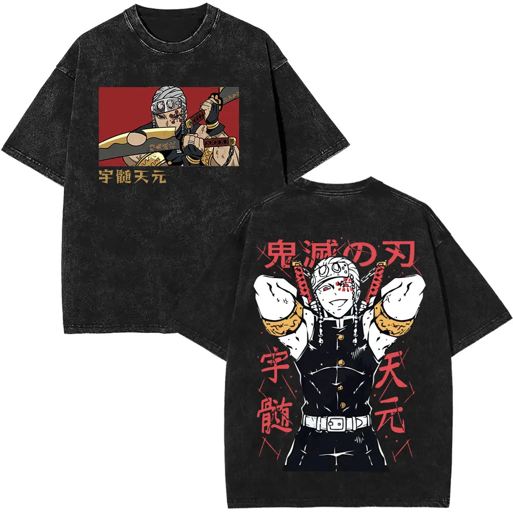 Demon Slayer Tengen Uzui Ninju Mice GYM Washed T Shirts Kimetsu No Yaiba Tee Shirt Cotton T-Shirt Unisex Casual Oversized Tops