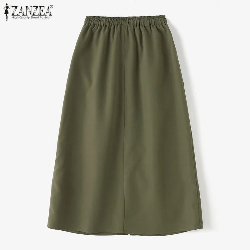 ZANZEA Fashion Women Autumn High Waist Skirts Solid Long Jupes Elegant OL Work Faldas Saia Stylish Holiday Midi Skirt Streetwear