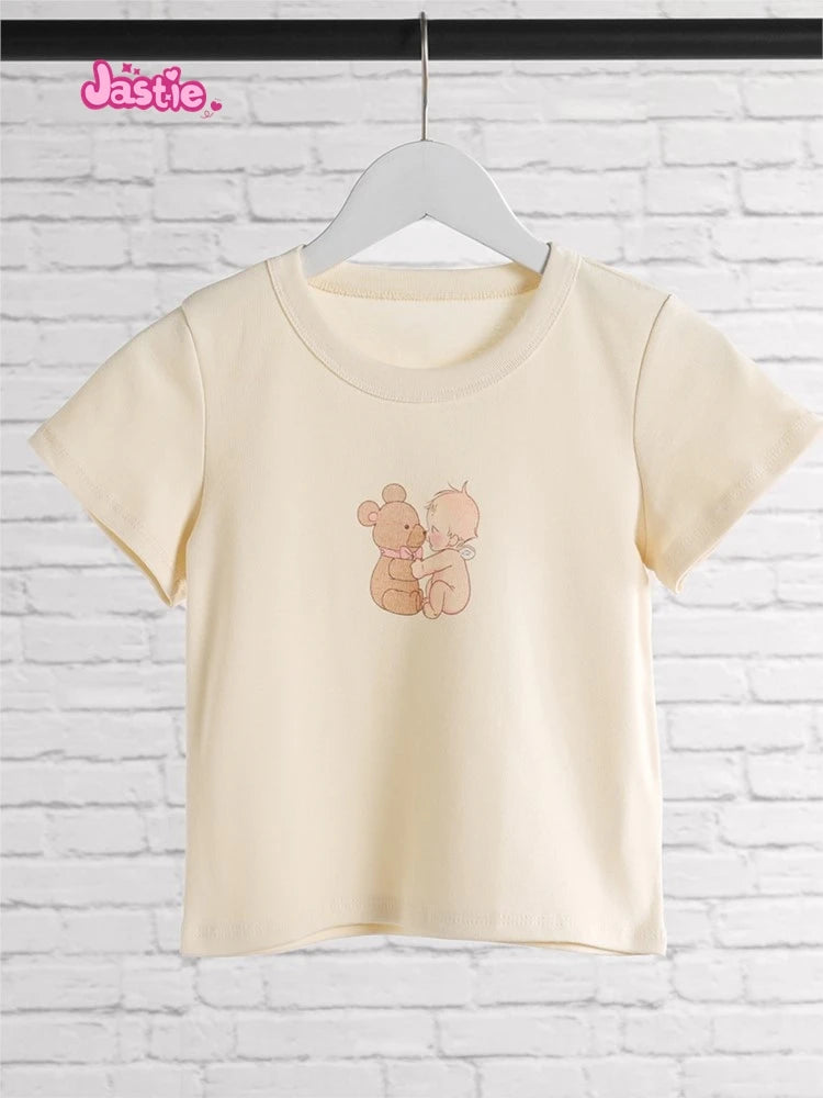 Cartoon Print Beige T-shirts Women 2024 Summer Streetwear Round Neck Short Sleeve T Shirt Female Vintage Chic Y2k Crop Top