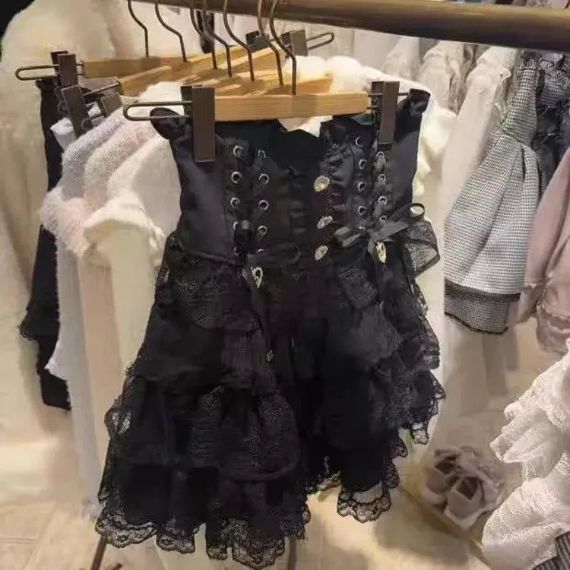Women Japanese Sweet Lolita Style Mini Skirt Elegant Lace Bandage Party Cake Skirts Female Gothic Y2k Metal Buckle Skirt