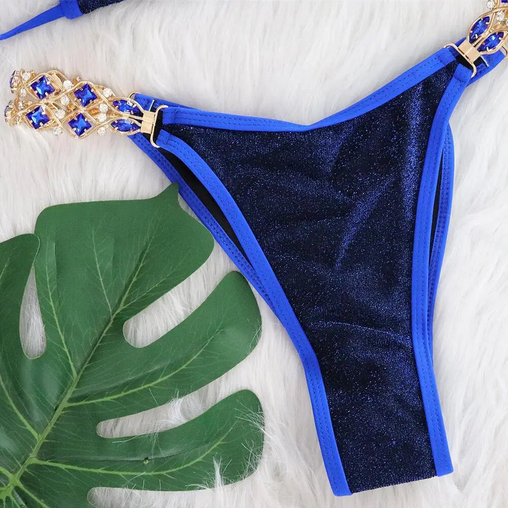 Sexy Bikinis Swimsuits Woman 2025 Luxury Rhinestones Push Up Diamond Thong Swimwear Shiny Gold Beach Bathing Suit Bikini Set