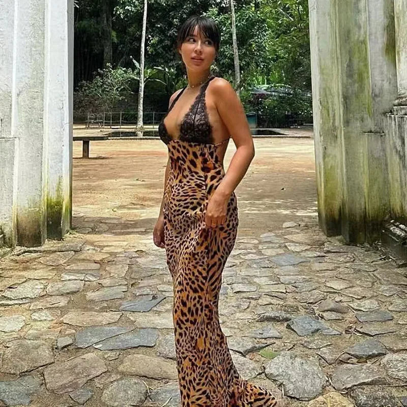Sexy Leopard Print Lace Patchwork Maxi Dress Women Fashion V Neck Backless Long Dresses Spring Summer Female Holiday Vestidos
