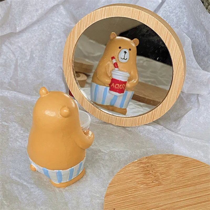 7.2*7.2cm Pure Wood Makeup Mirror Functional Wood Stylish Girls' Round Mirror Versatile Portable Mirror for Beauty Tool