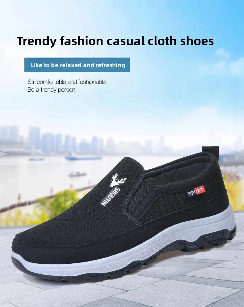 Beijing Men's Cloth Shoes Soft Bottom Breathable Anti-Slip Elderly Walking Shoes Slip-On round Toe Casual Rubber Soled Shoes