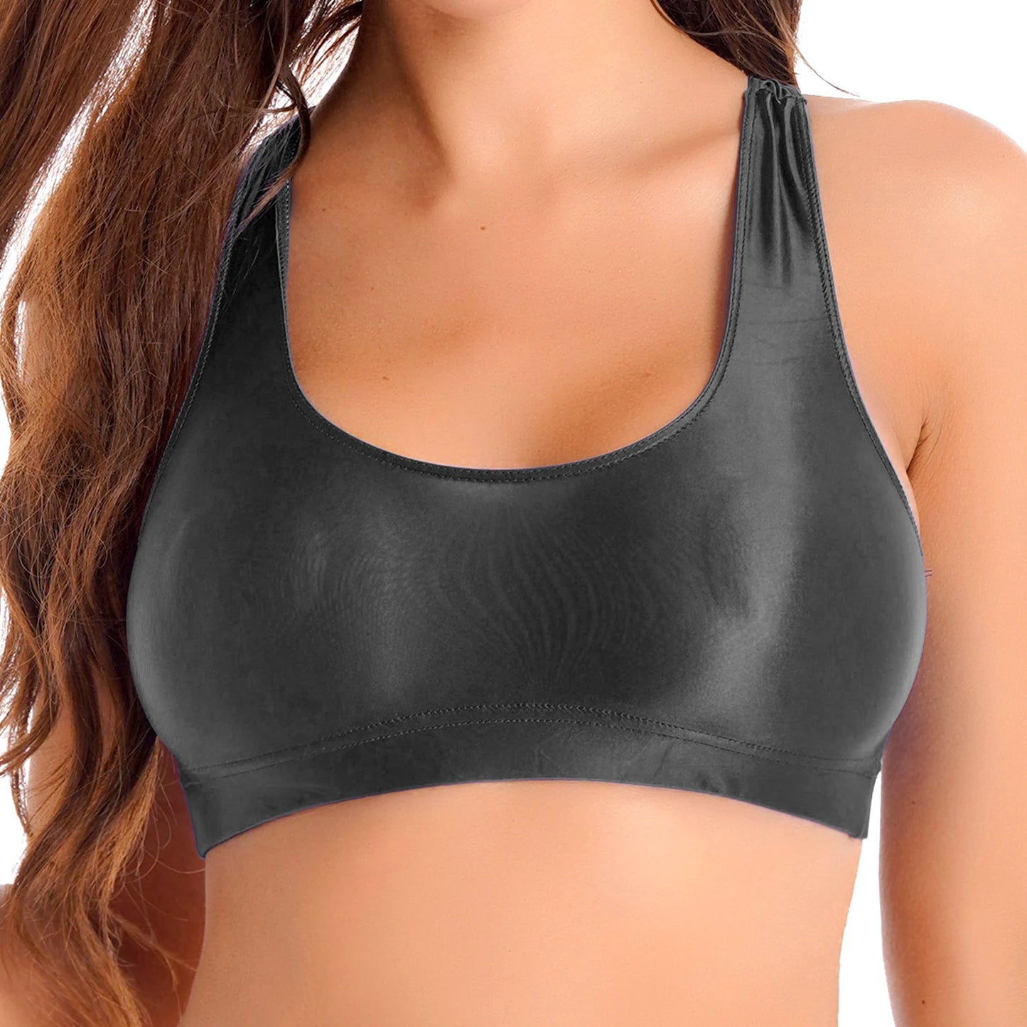 Women Glossy Swimsuit Outfit Oil Shiny Camis Crop Top Sports Fitness Smooth Tank Tops T-shirt With Panties Boxer Shorts Swimwear