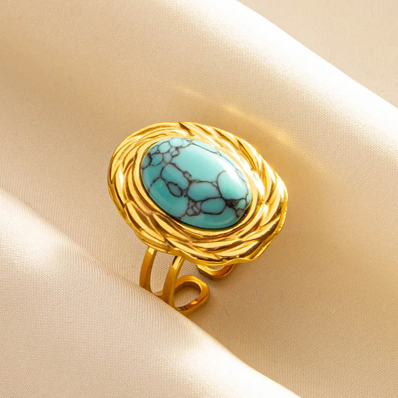 Classic Retro Turquoise Finger Jewelry Stainless Steel Rings For Women Men Accessories Open Adjustable 18k Real Gold Plated Ring