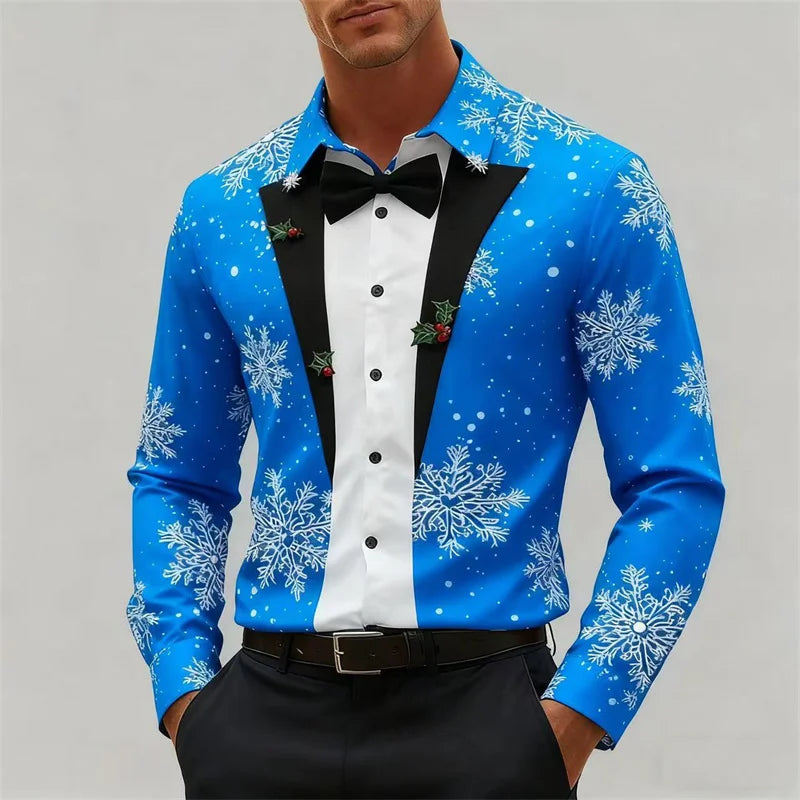 Christmas Men's Snowflake Bow Tie Pattern 3D Print Christmas Shirt Long Sleeve Tops Outdoor Holiday Gift Shirt Men Clothing