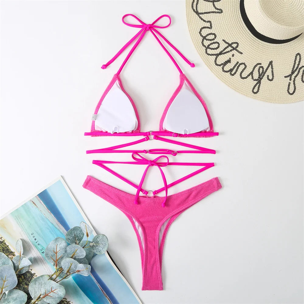 Micro String Extrem Bikini Orange Y2K Triangle Backless Swimsuit Toweling Rings Vacation Swimwear Women Push Up Beach Bath Suits