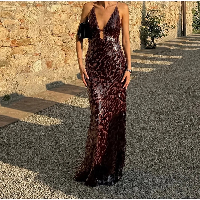 Women Sequin Sling Maxi Dress V-neck Solid Backless High Waist Sleeveless Dresses 2025 Fashion New Summer Lady Party Robes