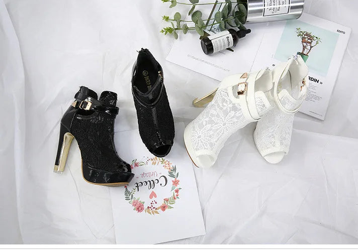 Sexy Mesh Fabric Platform High Heels Boots Sandals Women Peep Toe Nightclub Party Stiletto Female Shoes