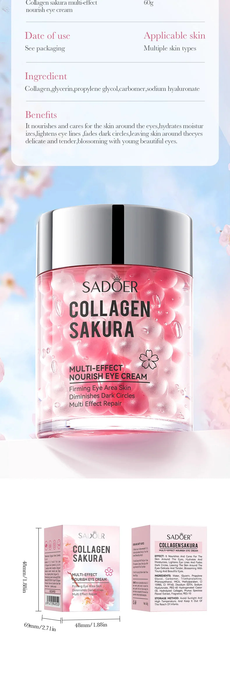 SADOER Hyaluronic Acid 24K Golden Sakura Eye Cream Anti Dark Circles Anti Wrinkles Moisturizing Anti-aging Creams Eyes Skin Care