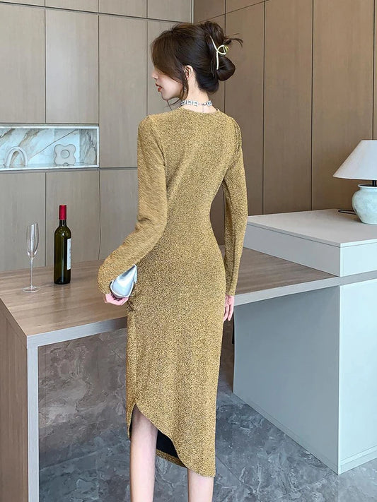 Women Clothes Casual Glitter Shiny Gold V-Neck Folds Slim Asymmetrical Dress Elegant Evening Party Birthday Vestidos Spring New