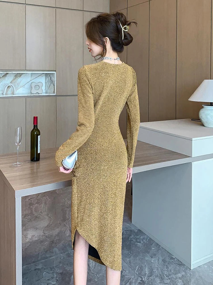 Women Clothes Casual Glitter Shiny Gold V-Neck Folds Slim Asymmetrical Dress Elegant Evening Party Birthday Vestidos Spring New