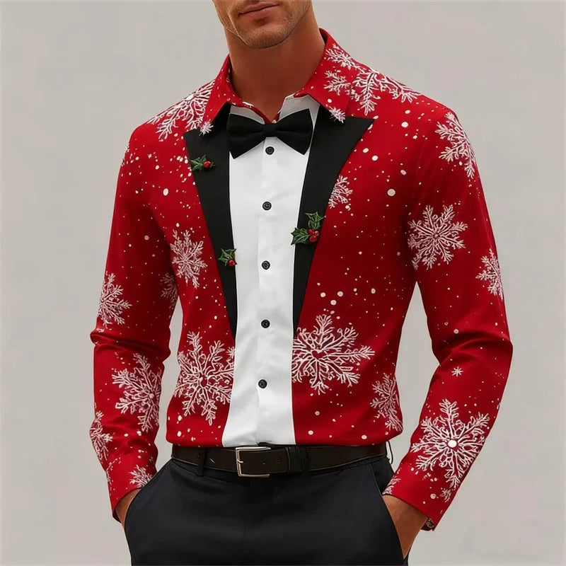 Christmas Men's Snowflake Bow Tie Pattern 3D Print Christmas Shirt Long Sleeve Tops Outdoor Holiday Gift Shirt Men Clothing