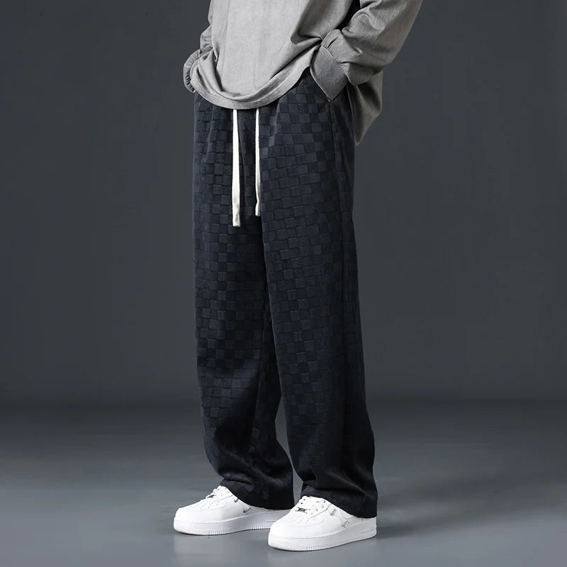 Men's Checkered Velvet Sweatpants, Loose Drawstring Trousers, Trendy Checkered Pattern, Fall and Winter Casual Streetwear