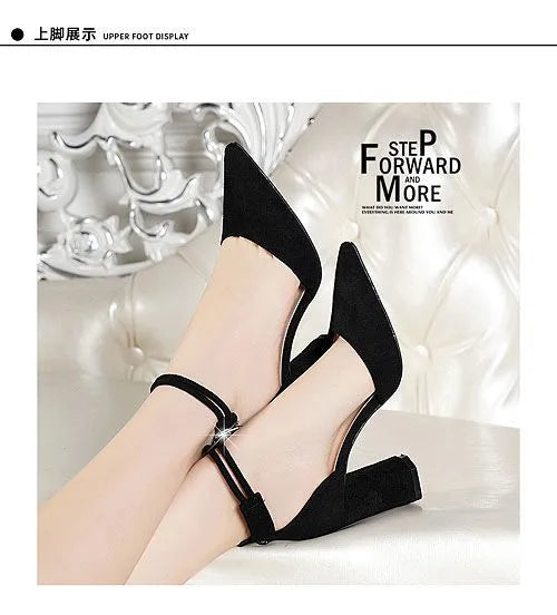2025 Summer Square High Heels Women Shoes Flock Pointed Sandals Sexy Female Sandalias Shoes Ankle Buckle 6cm Heel Casual Pumps
