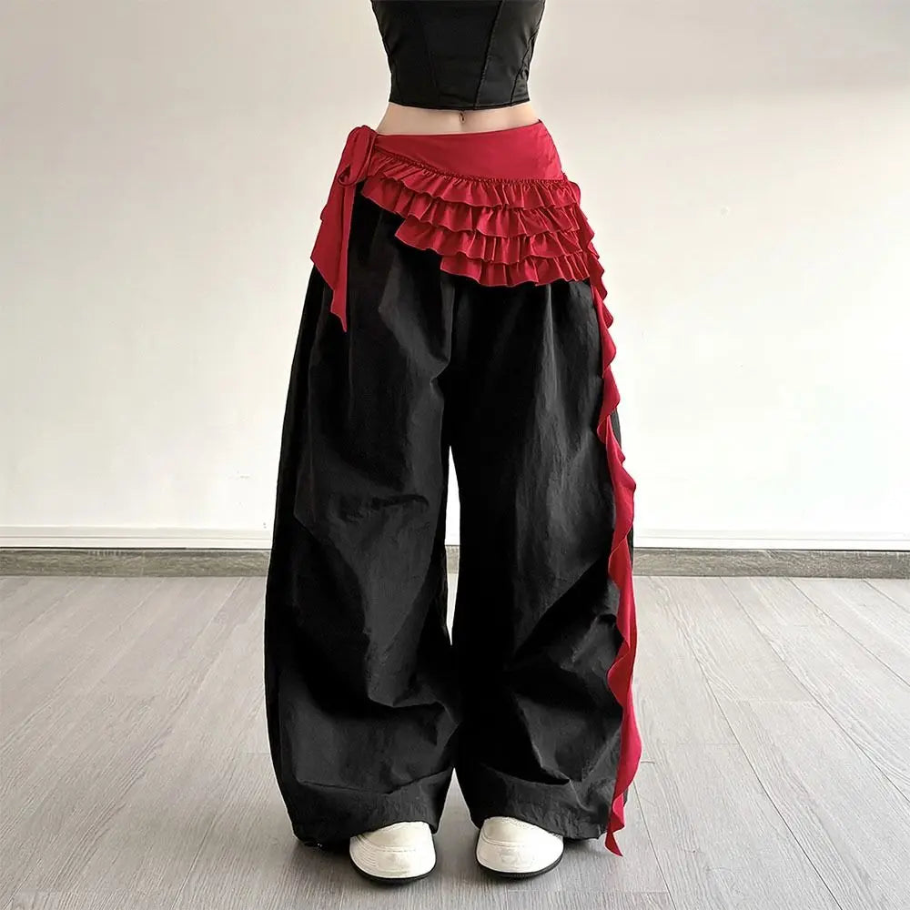 Embroidered Flower Lace Mini Skirt See Through Irregular Ruched Skirts Harajuku Lace-up Design Lace Up Ruffles Skirt