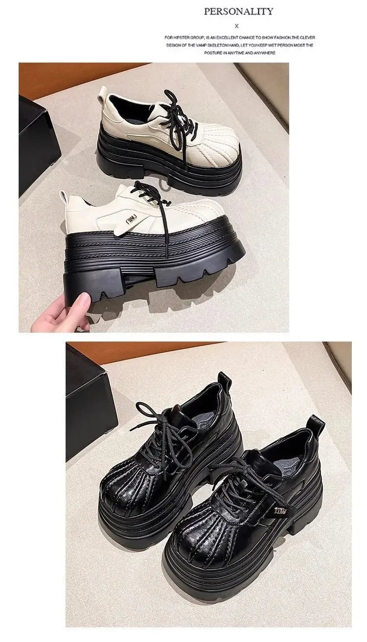 New 2025 Spring Women's Leather Sneakers High Platform Lace-up Casual Shoes Thick Sole 10CM Heels Walking Shoes