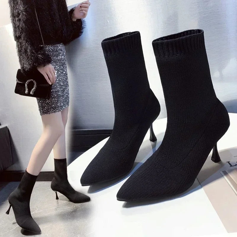 Socks Boots Women Stretch Fabric Elastic Stilettos Heel Sexy Pointed Toe Ankle Boots  Shoes Woman Thin Heels Party  shoes