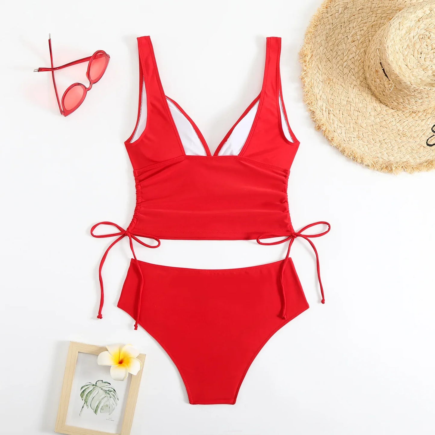 Fashionable Pure Color Nylon Fabric Bikini Set Sexy Two-Piece Swimsuit Drawstring Design Separate Top And Bottom for Women