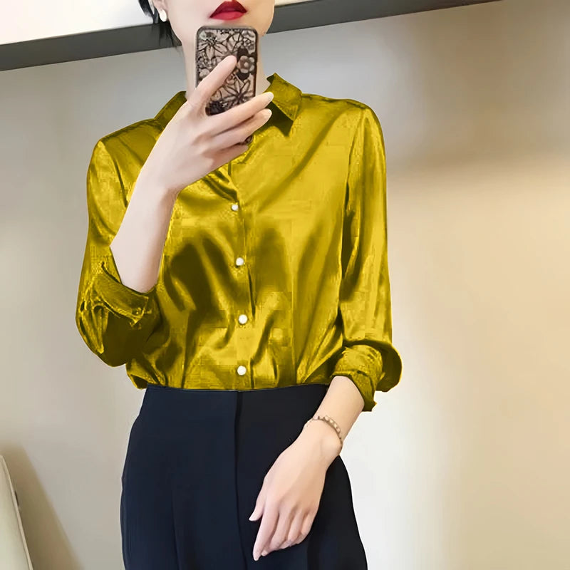 Luxury Satin Finish Shirts And Blouses For Women Clothes Casual Top OL Long Sleeve Single Breasted Elegant French Solid Blouses