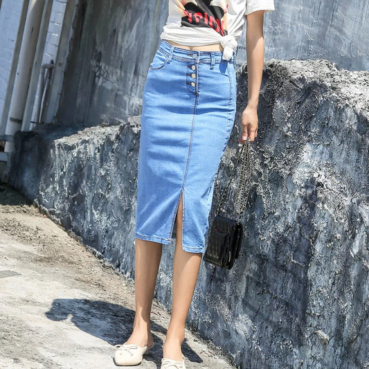 Women's Button Style Wrap Hip Slim Denim Skirt Fashion Mid Length Hip Skirts For Women