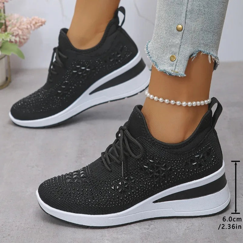 Women's Shiny Rhinestone Wedge Sneakers Breathable Knit Non Slip Walking Shoes Woman Plus Size Fashion Thick Sole White Sneakers