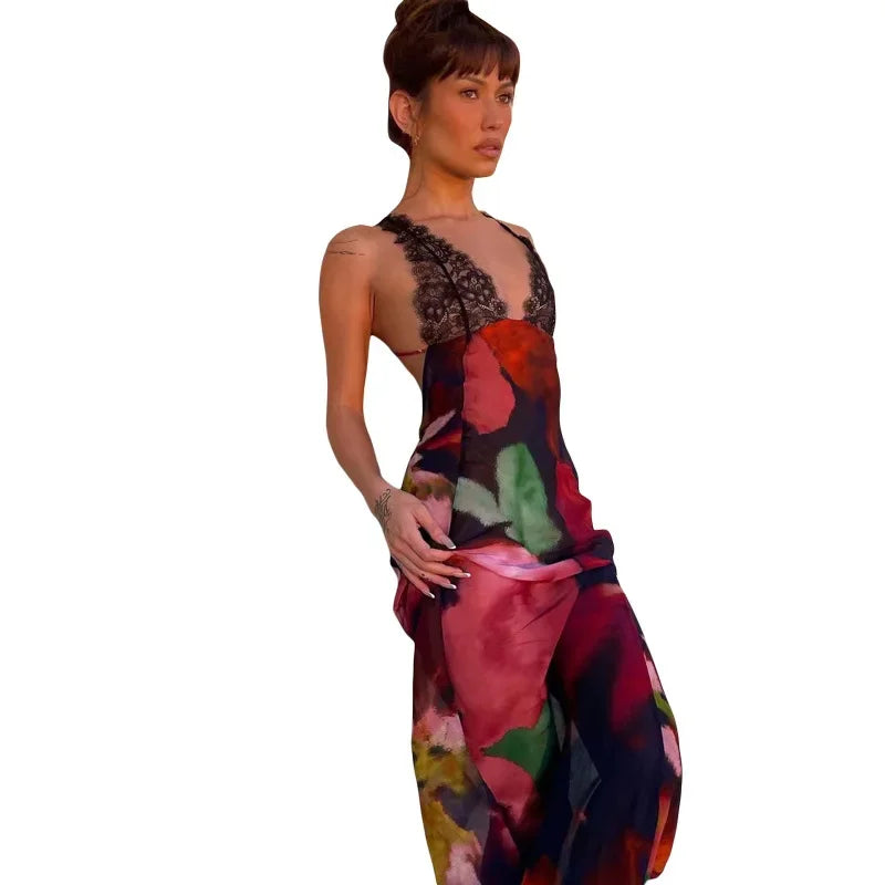 Sexy Leopard Print Lace Patchwork Maxi Dress Women Fashion V Neck Backless Long Dresses Spring Summer Female Holiday Vestidos