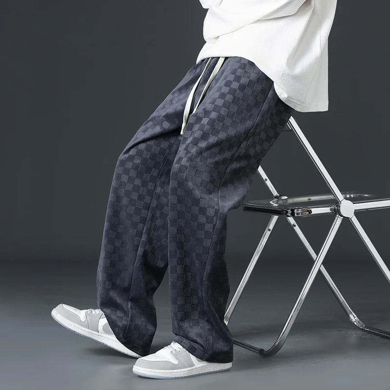 Men's Checkered Velvet Sweatpants, Loose Drawstring Trousers, Trendy Checkered Pattern, Fall and Winter Casual Streetwear